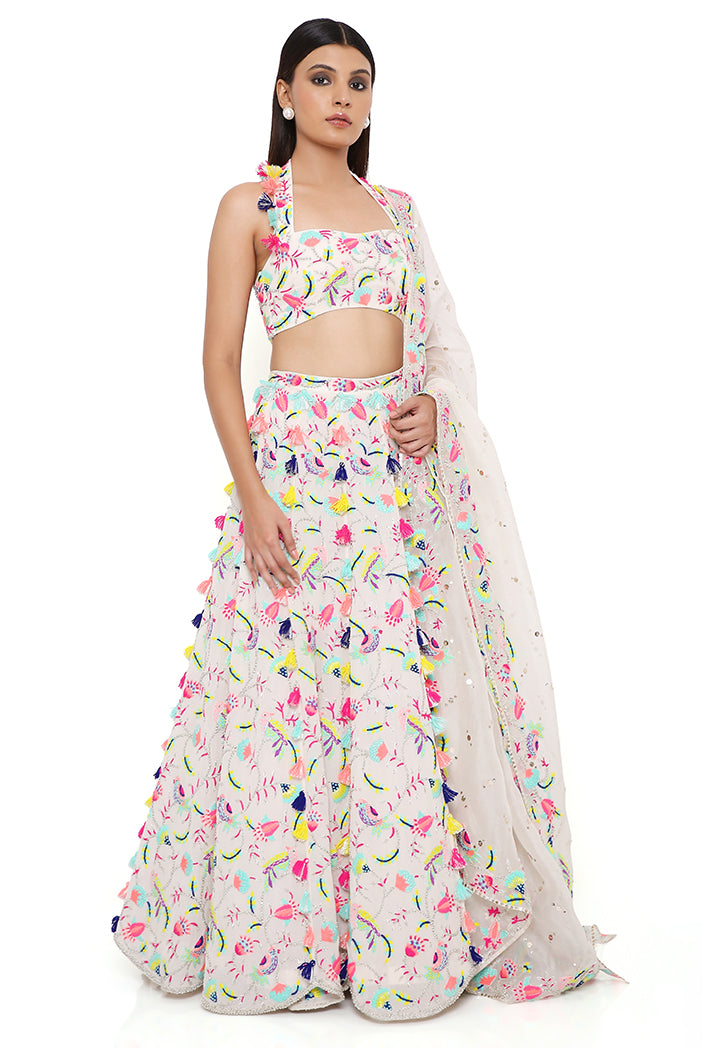 Alice Stone Georgette Embroidered Halter Neck Choli and Lehenga With Mukaish Organza Dupatta