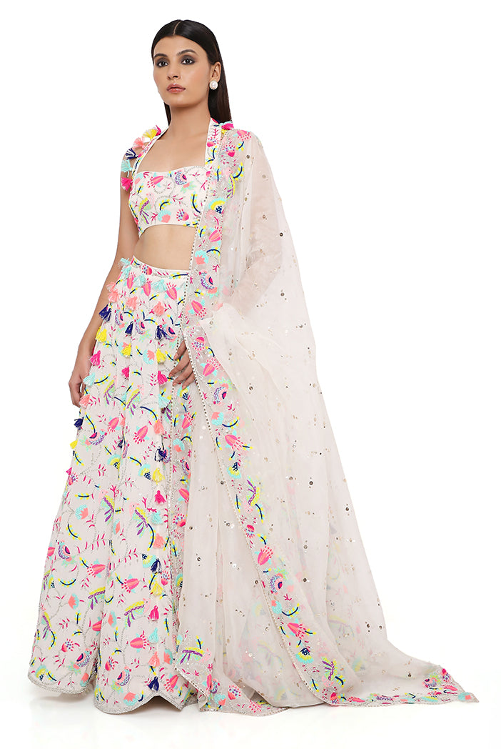 Alice Stone Georgette Embroidered Halter Neck Choli and Lehenga With Mukaish Organza Dupatta