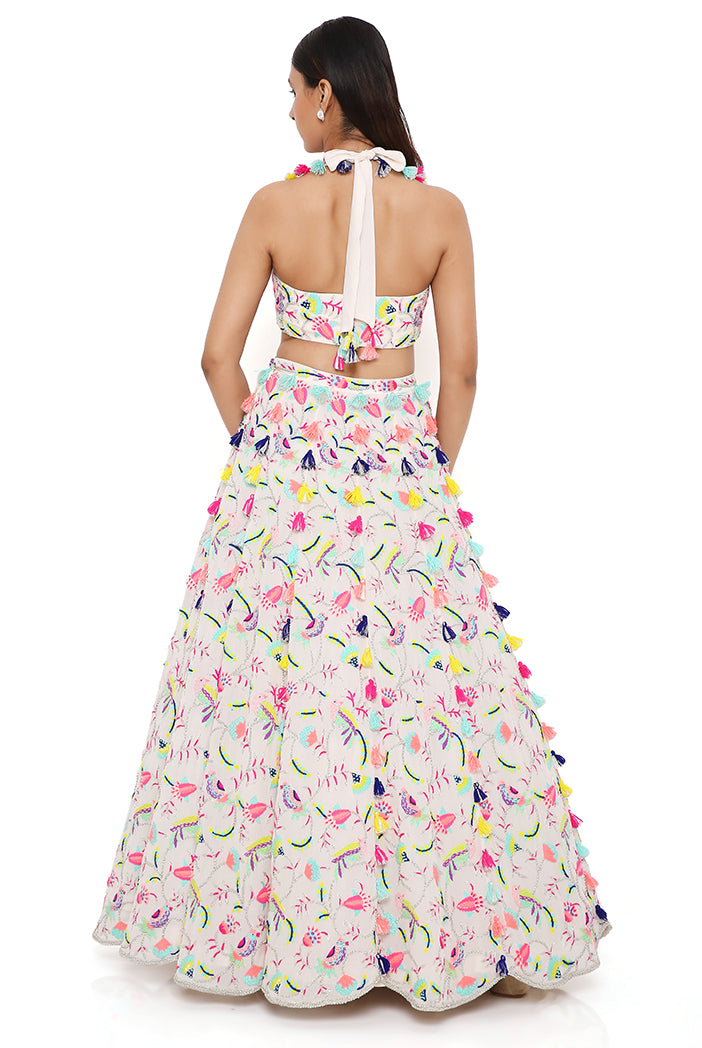 Alice Stone Georgette Embroidered Halter Neck Choli and Lehenga With Mukaish Organza Dupatta