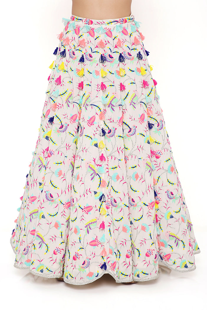 Alice Stone Georgette Embroidered Halter Neck Choli and Lehenga With Mukaish Organza Dupatta