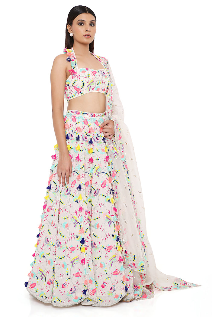Alice Stone Georgette Embroidered Halter Neck Choli and Lehenga With Mukaish Organza Dupatta