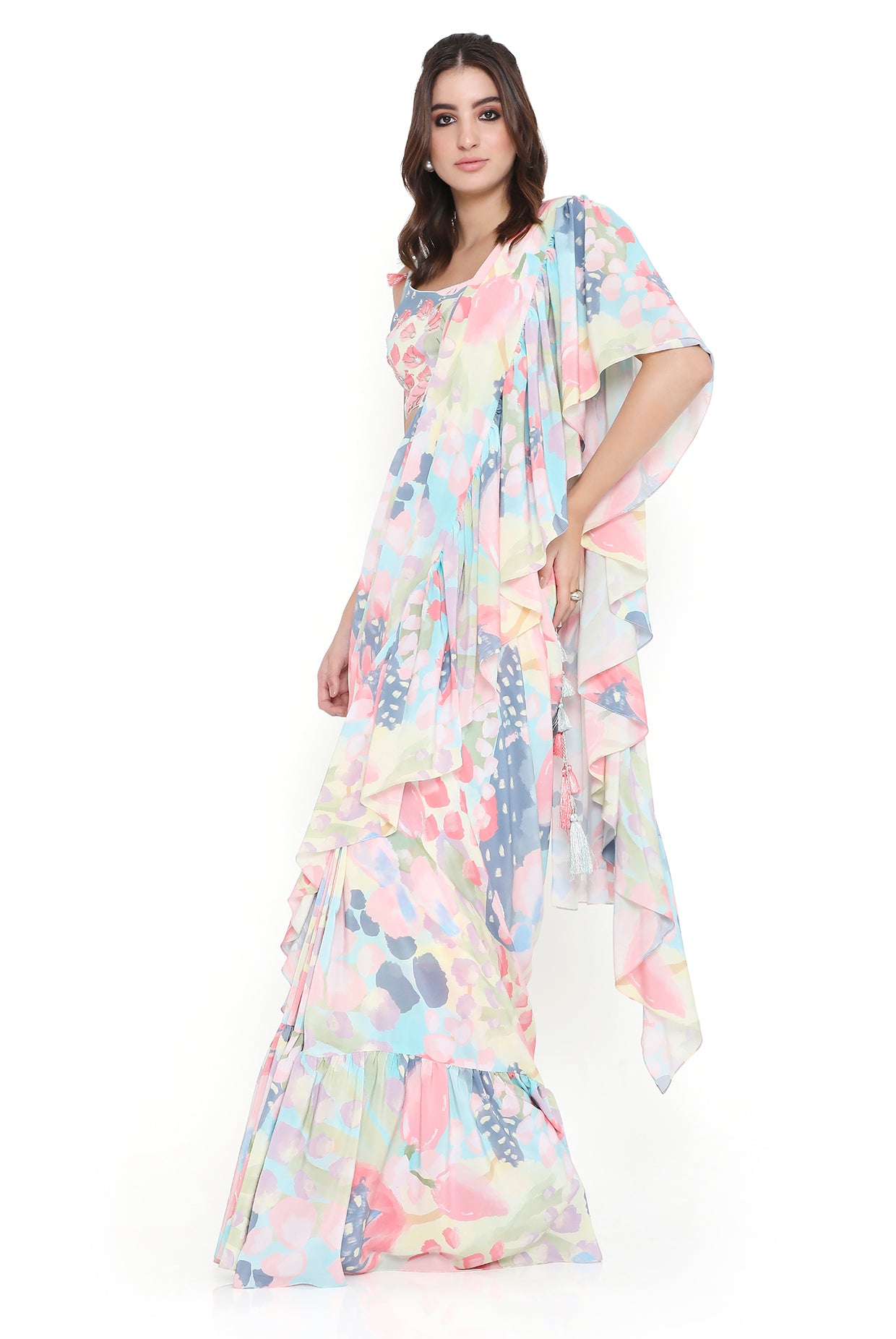 Marisa Euphoria Print Embroidered Choli With Ruffle Saree