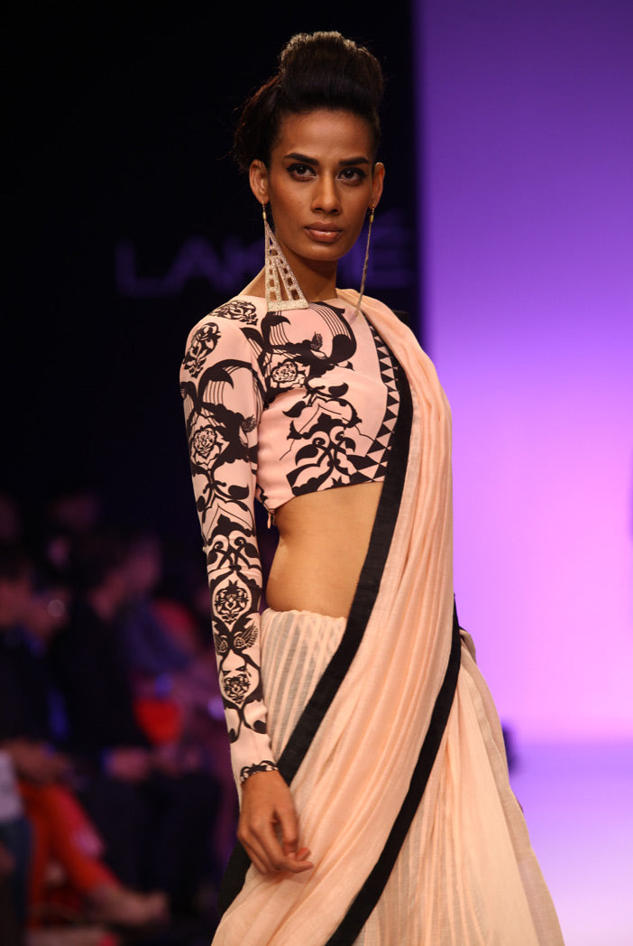 Mashal Blush and Black Ottoman Print Choli with Mul Lehenga Saree