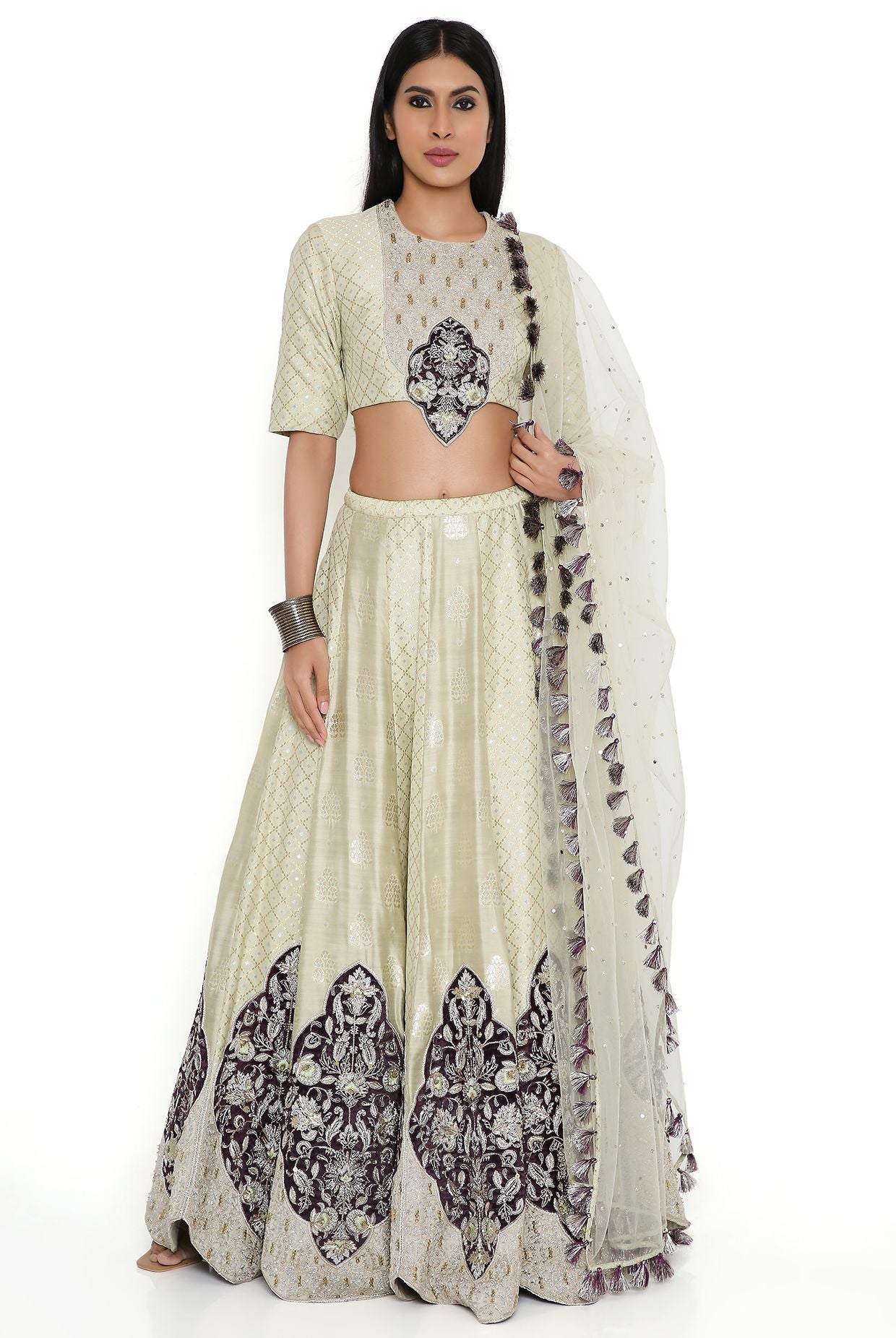 Mint Banarasi Silk Embroidered Choli And Lehenga With Mukaish Net Dupatta