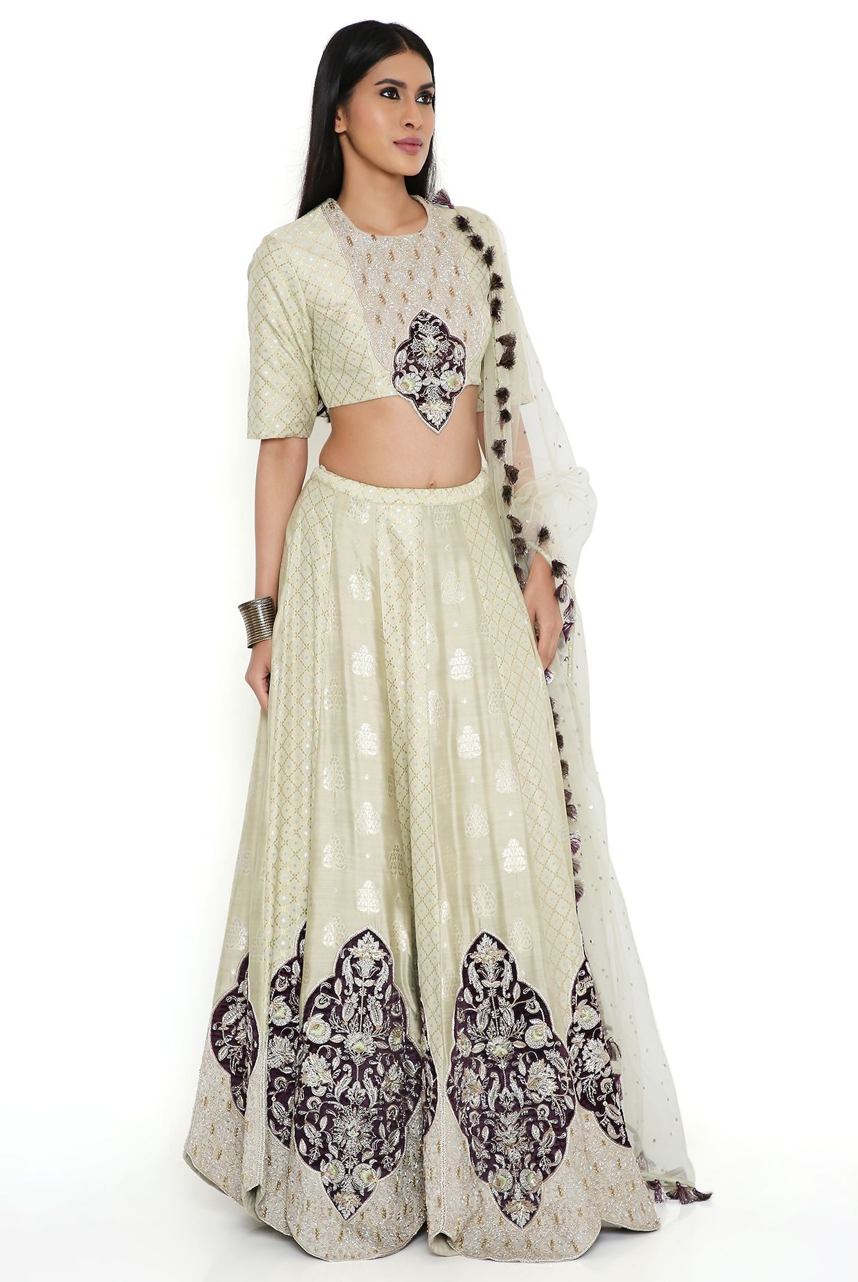 Mint Banarasi Silk Embroidered Choli And Lehenga With Mukaish Net Dupatta