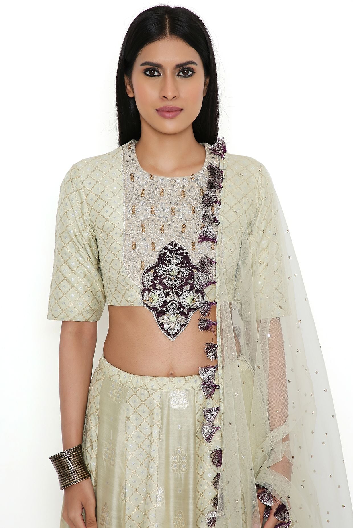 Mint Banarasi Silk Embroidered Choli And Lehenga With Mukaish Net Dupatta