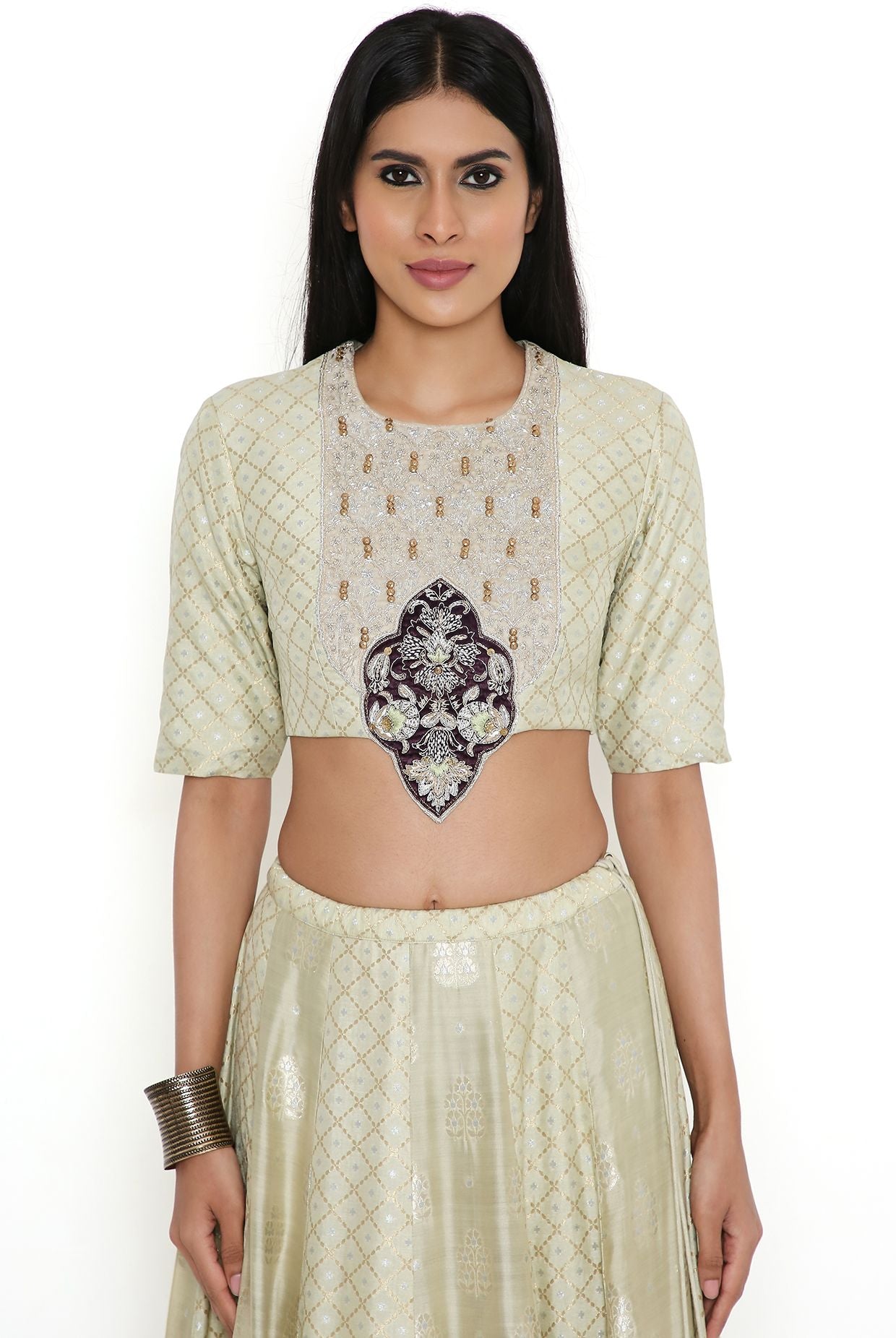 Mint Banarasi Silk Embroidered Choli And Lehenga With Mukaish Net Dupatta