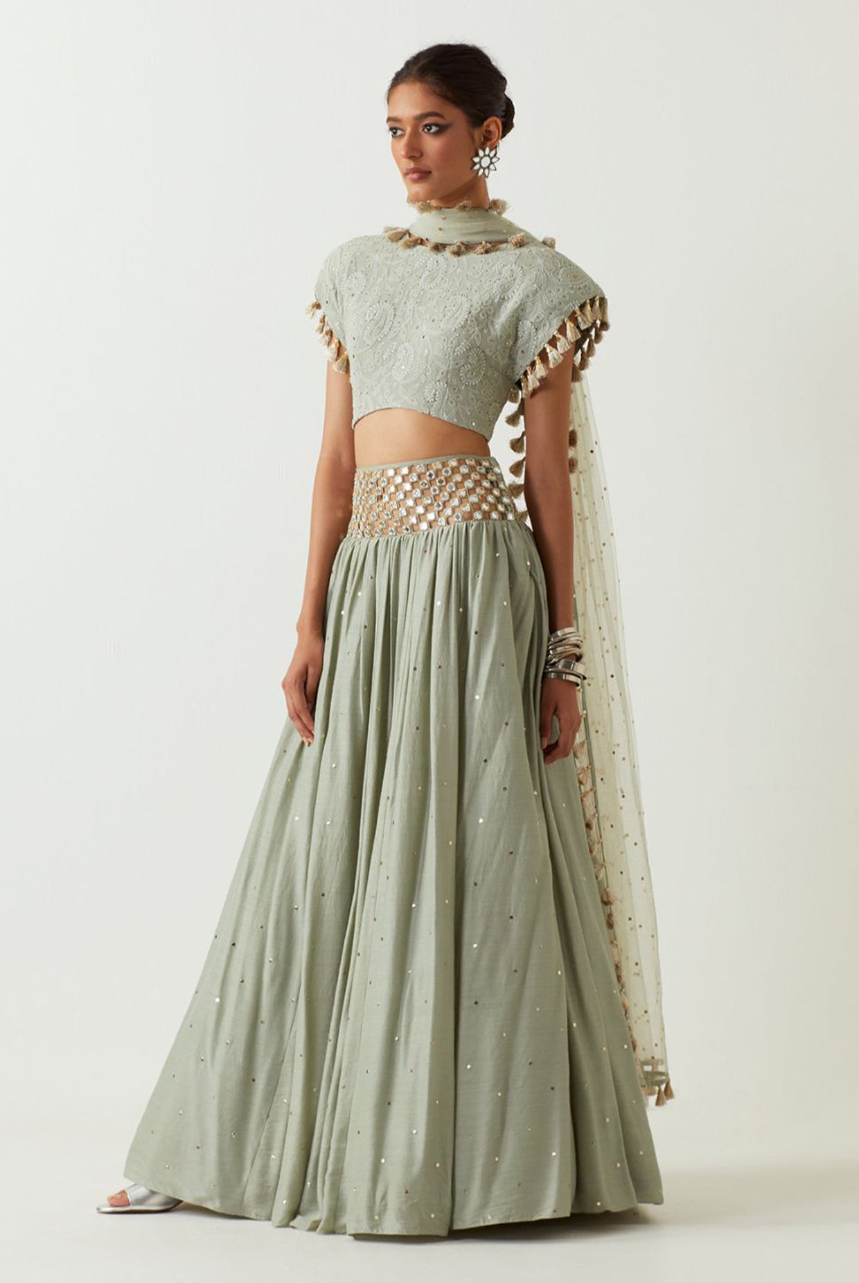 Mint Chikankari Choli With Embroidered Belt Lehenga And Dupatta.