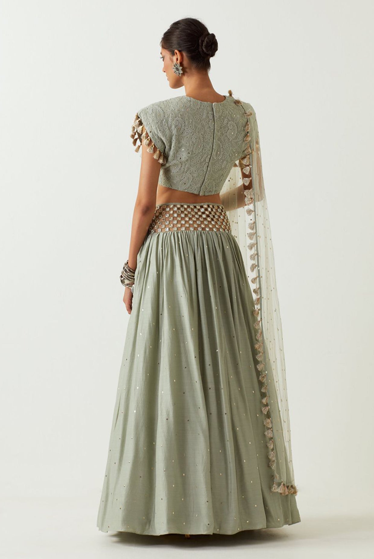Mint Chikankari Choli With Embroidered Belt Lehenga And Dupatta.
