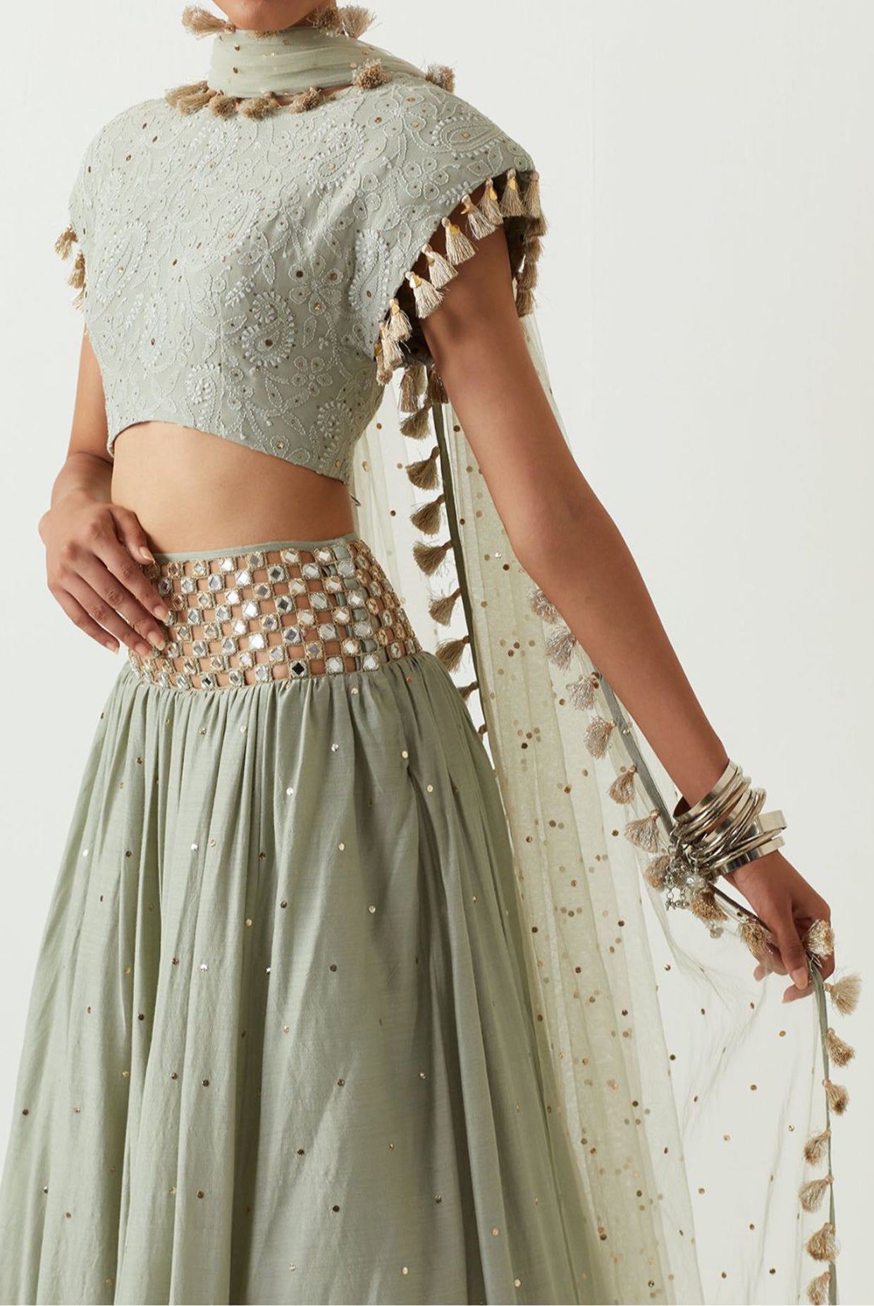 Mint Chikankari Choli With Embroidered Belt Lehenga And Dupatta.