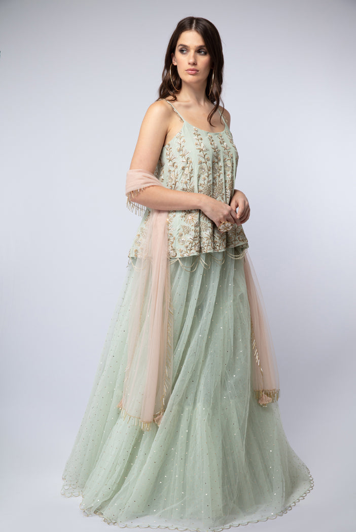 Mint Crepe Short Anarkali with Mukaish Net Lehenga and Blush Net Dupatta