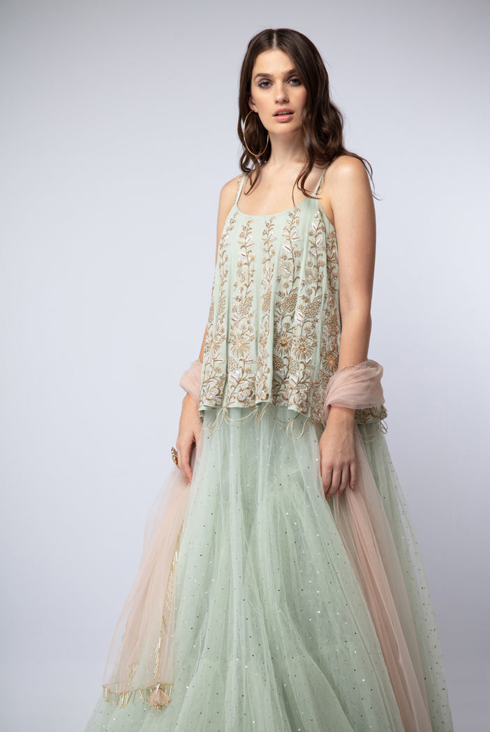 Mint Crepe Short Anarkali with Mukaish Net Lehenga and Blush Net Dupatta