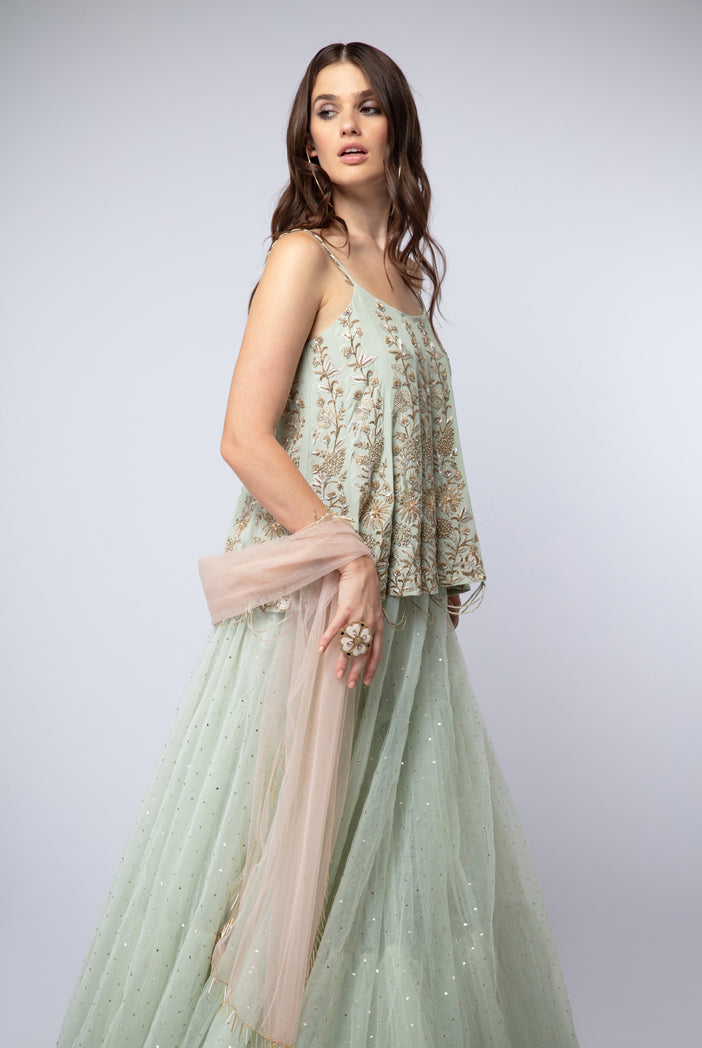 Mint Crepe Short Anarkali with Mukaish Net Lehenga and Blush Net Dupatta