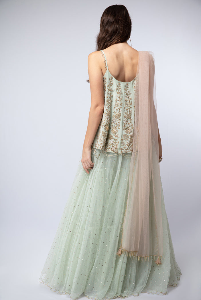 Mint Crepe Short Anarkali with Mukaish Net Lehenga and Blush Net Dupatta