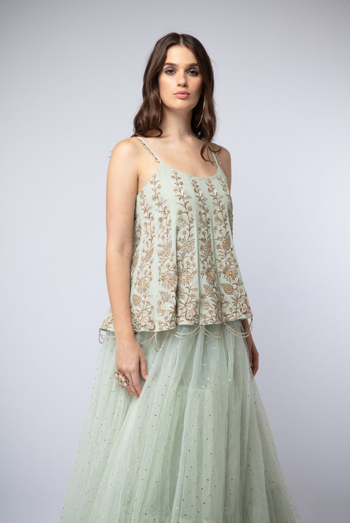 Mint Crepe Short Anarkali with Mukaish Net Lehenga and Blush Net Dupatta