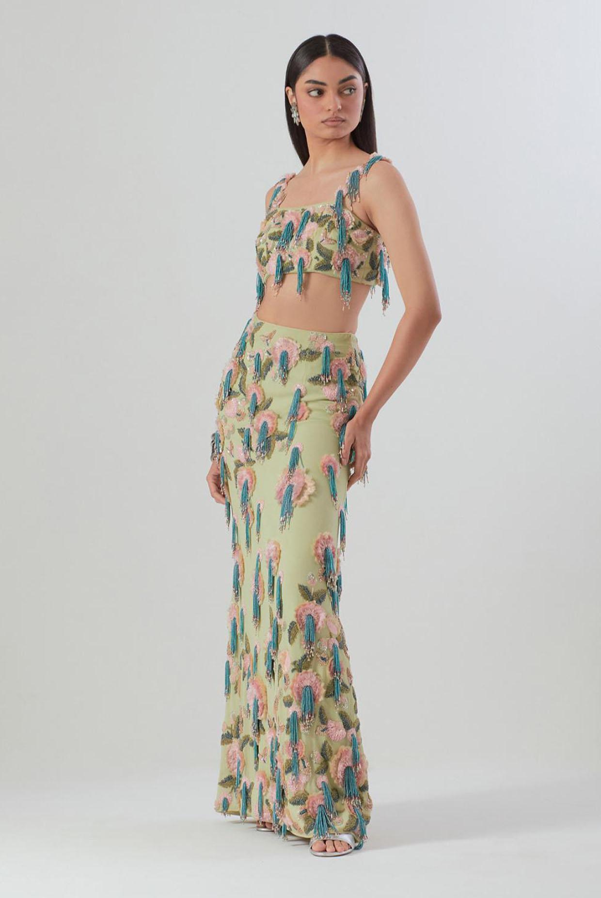 Mint Embroidered Bustier With Fitted Skirt