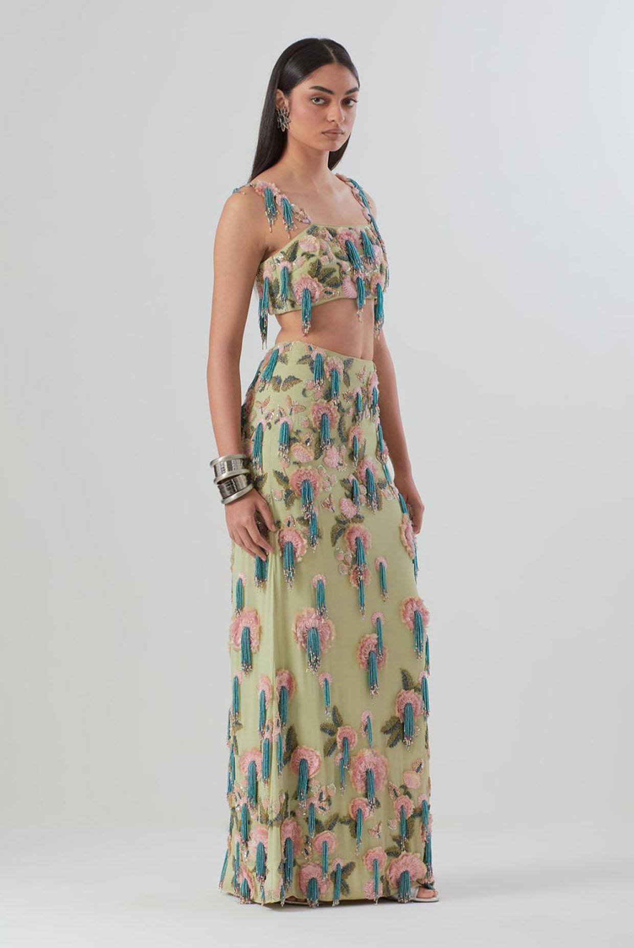 Mint Embroidered Bustier With Fitted Skirt