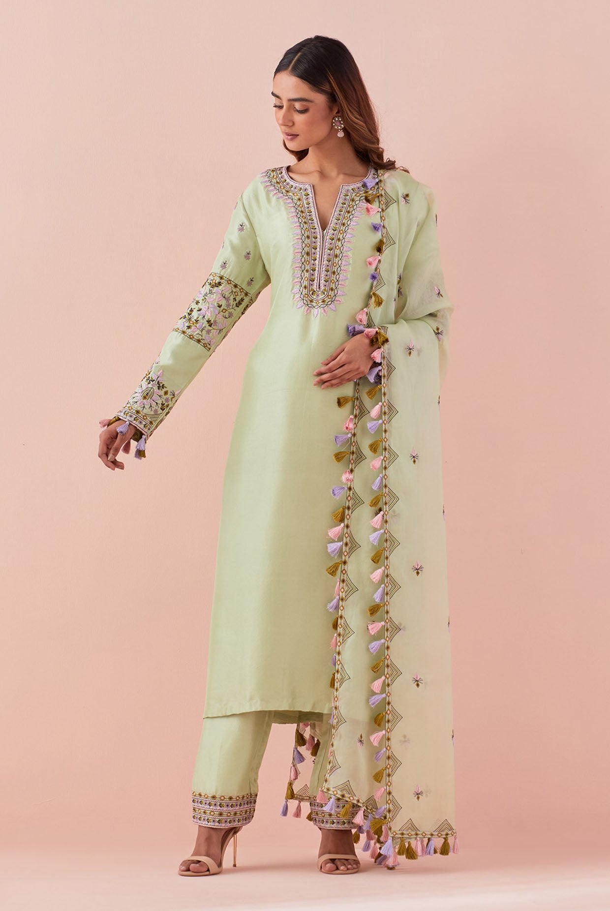 Mint Embroidered Kurta And Pant With Embroidered Dupatta