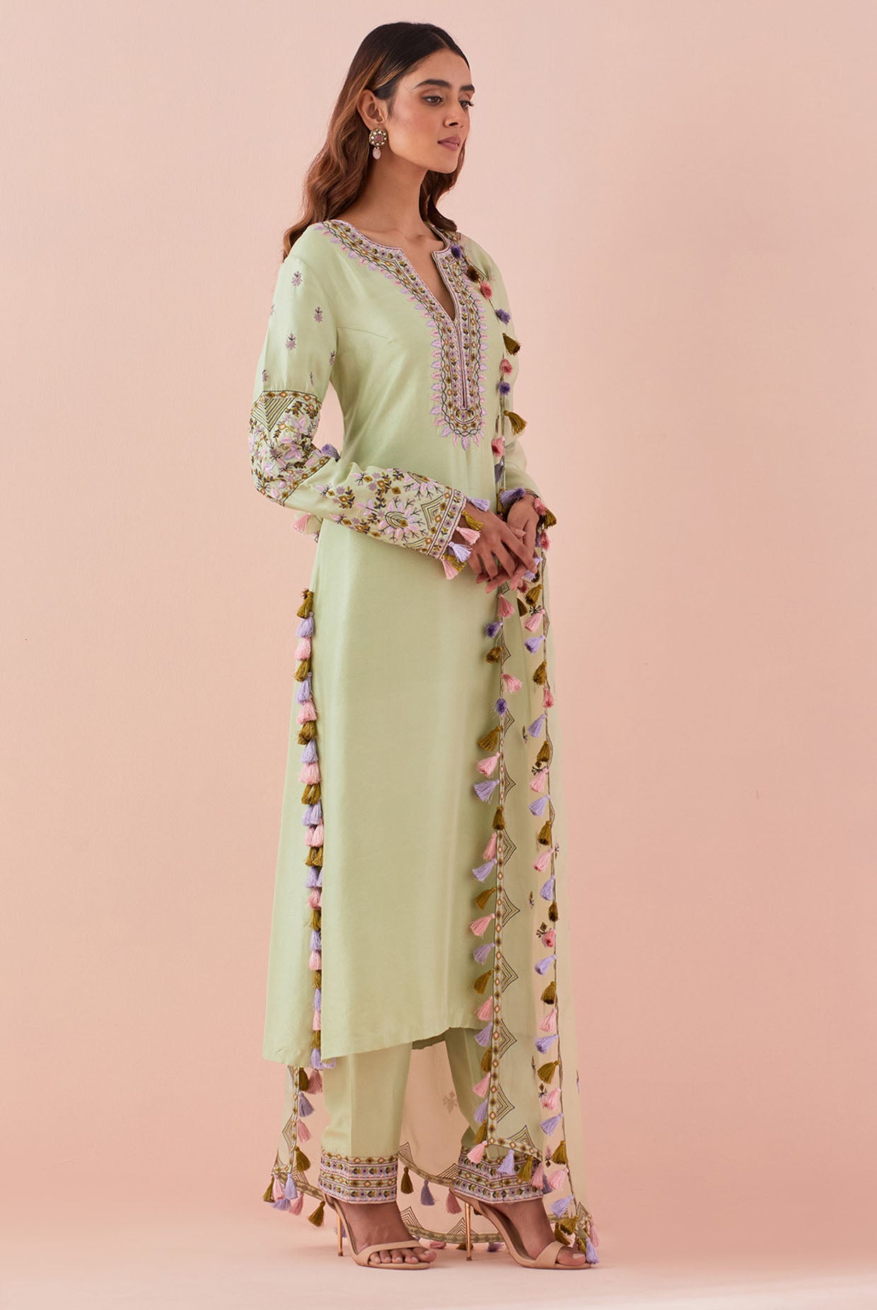 Mint Embroidered Kurta And Pant With Embroidered Dupatta
