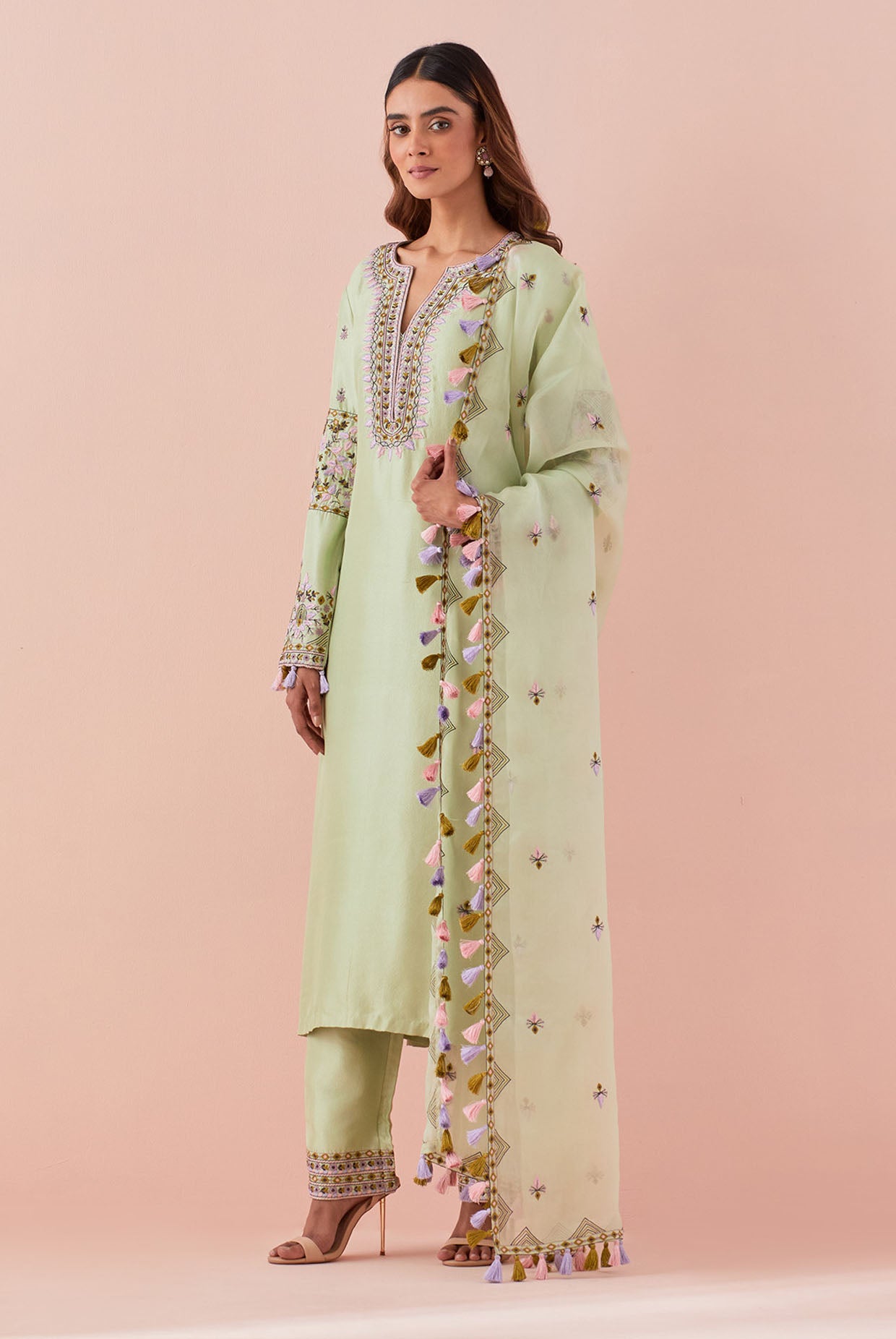 Mint Embroidered Kurta And Pant With Embroidered Dupatta