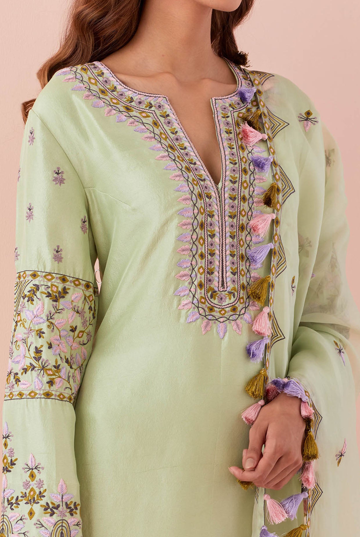 Mint Embroidered Kurta And Pant With Embroidered Dupatta