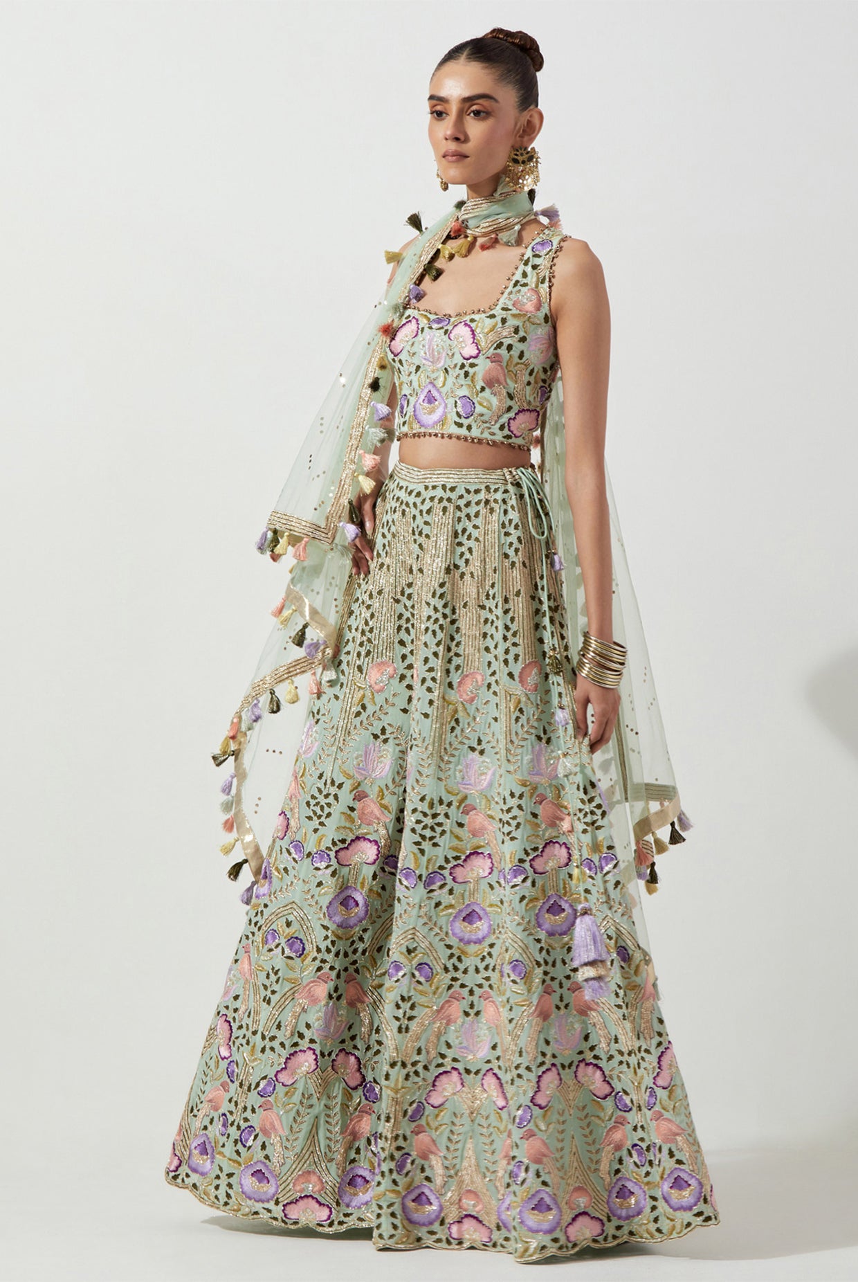 MINT GREEN EMBROIDERED CHOLI & SHARARA WITH NET DUPATTA