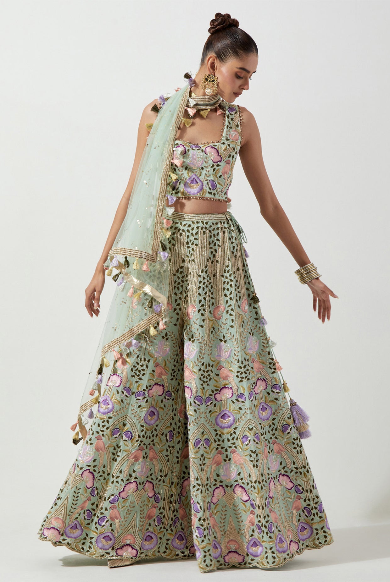 MINT GREEN EMBROIDERED CHOLI & SHARARA WITH NET DUPATTA