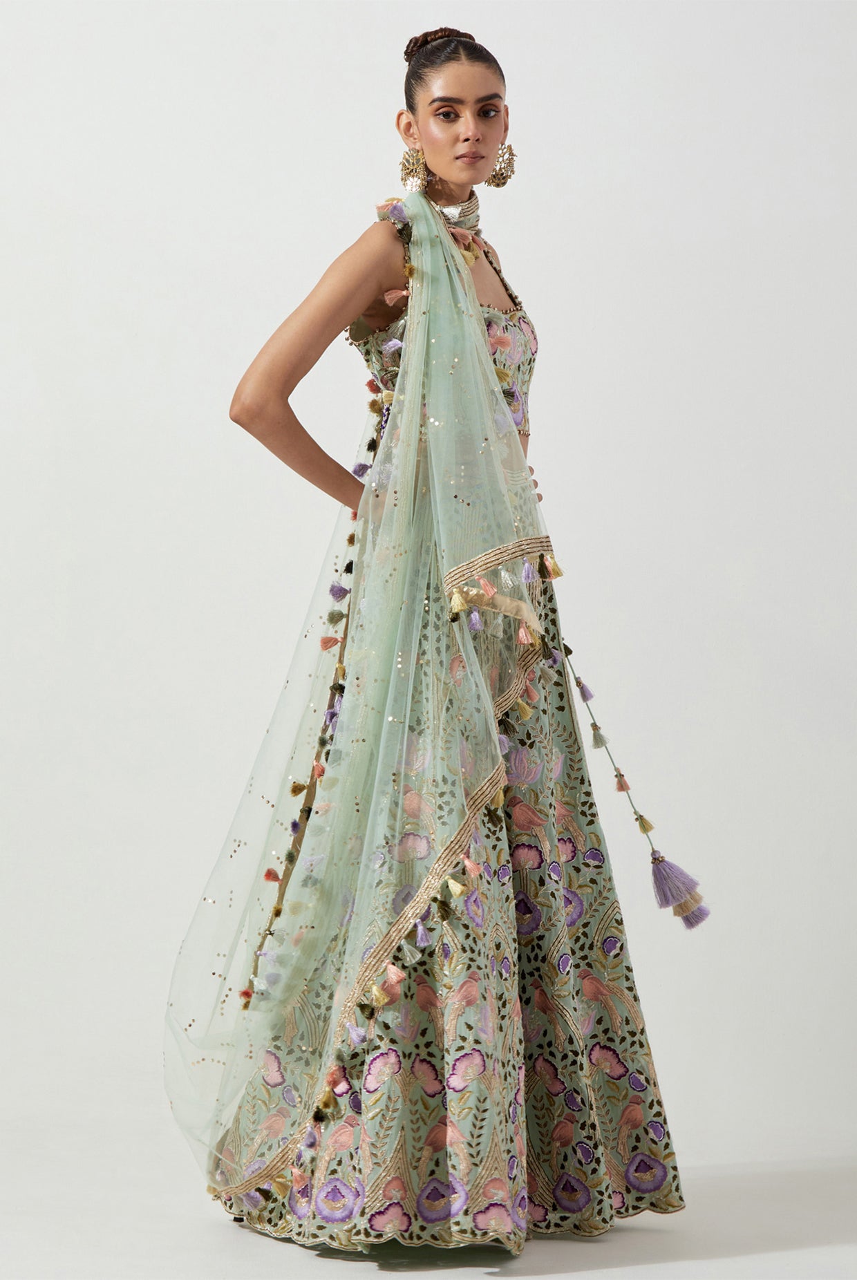MINT GREEN EMBROIDERED CHOLI & SHARARA WITH NET DUPATTA