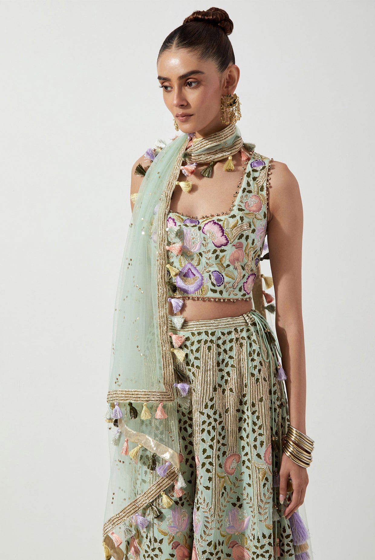 MINT GREEN EMBROIDERED CHOLI & SHARARA WITH NET DUPATTA