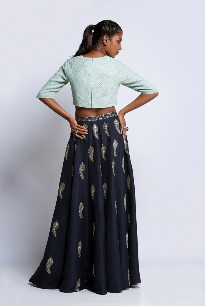 Mint Mukaish Georgette Choli and Dupatta with Navy Silk Palazzo Lehenga