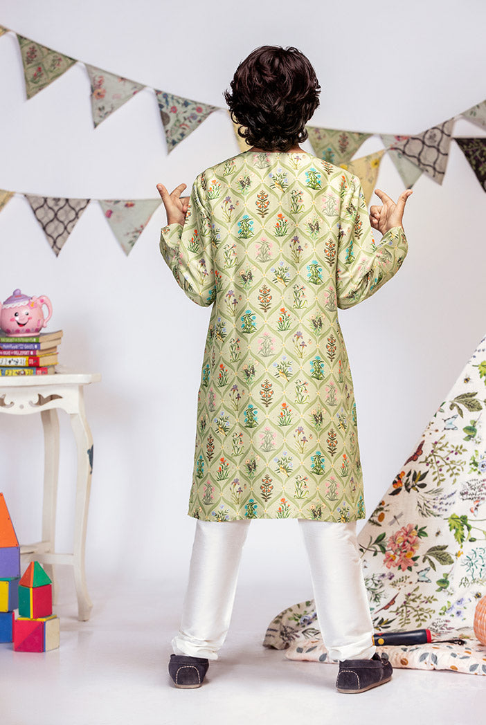 Mint Printed Silk Kurta with Off white Cotton Silk Churidar