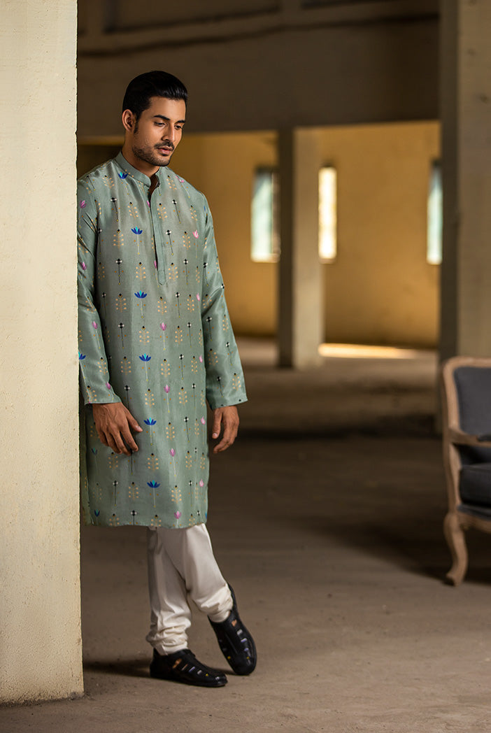 Mint Printed Silk Kurta with Off White Cotton Silk Churidar