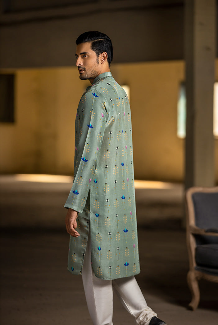 Mint Printed Silk Kurta with Off White Cotton Silk Churidar