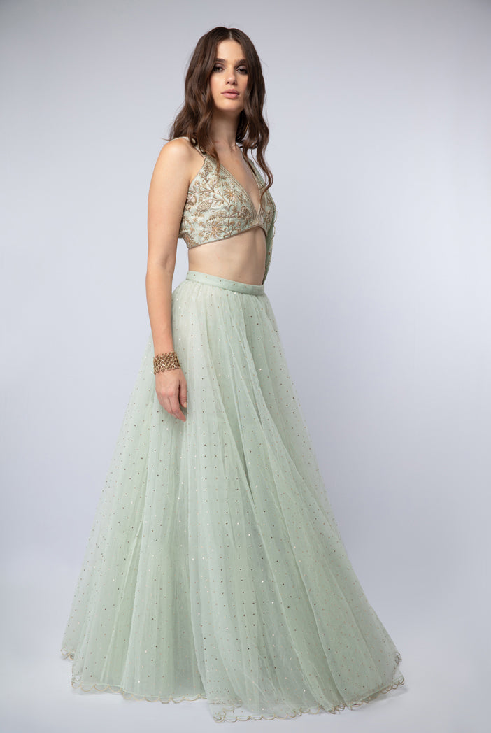 Mint Silk Choli with Mukaish Net Lehenga and Chiffon Dupatta