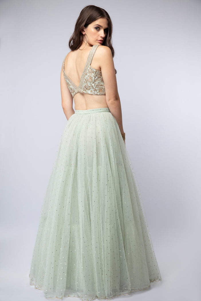 Mint Silk Choli with Mukaish Net Lehenga and Chiffon Dupatta