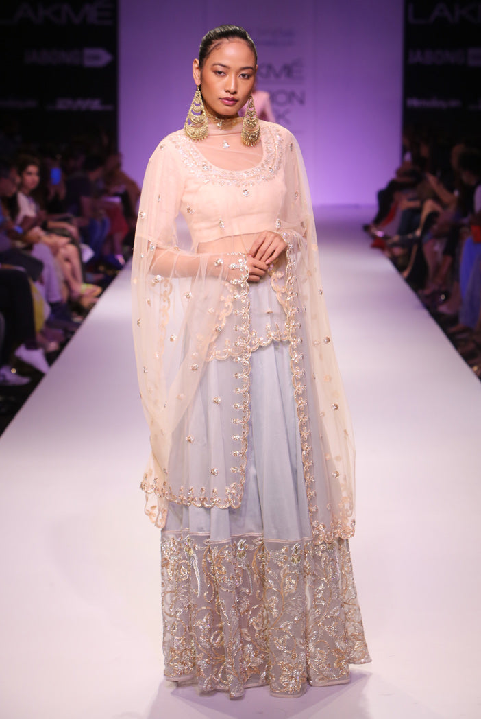 Mira Blush Silkmul Choli with Ice Blue Skirt and Blush Tulle Dupatta