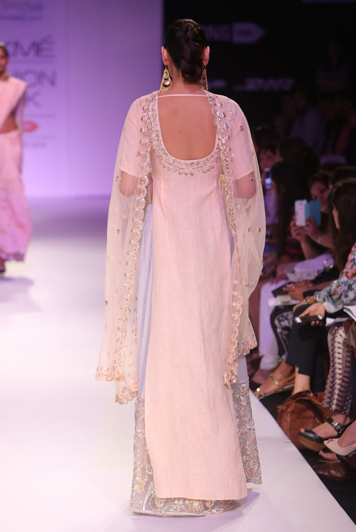 Mira Blush Silkmul Choli with Ice Blue Skirt and Blush Tulle Dupatta