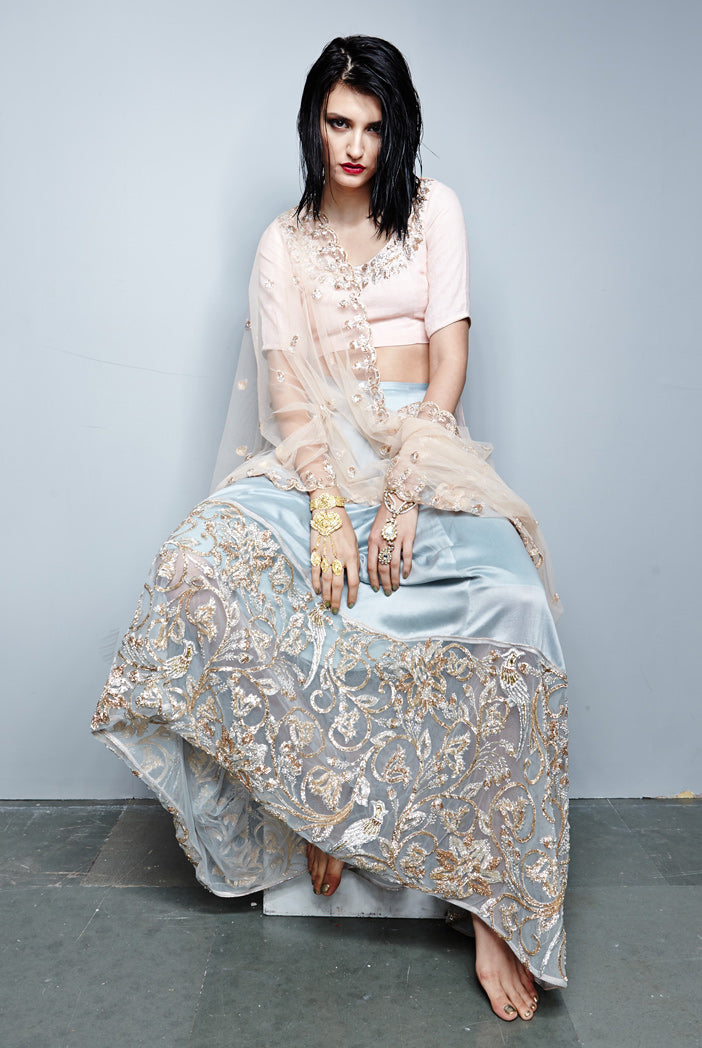 Mira Blush Silkmul Choli with Ice Blue Skirt and Blush Tulle Dupatta
