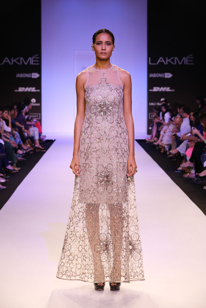Morocco Stone Tulle Gown with Mocha Brocade Dress