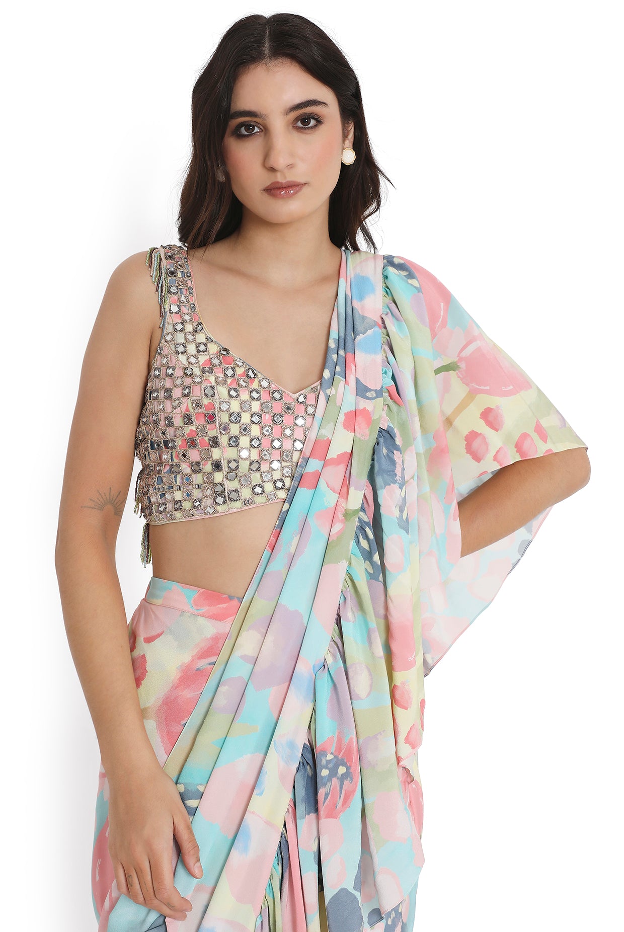 Rose Pink Embroidered Back Tie-Up Choli With Sharara