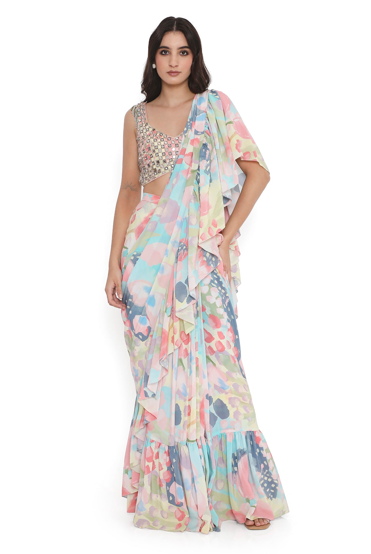 Rose Pink Embroidered Back Tie-Up Choli With Sharara