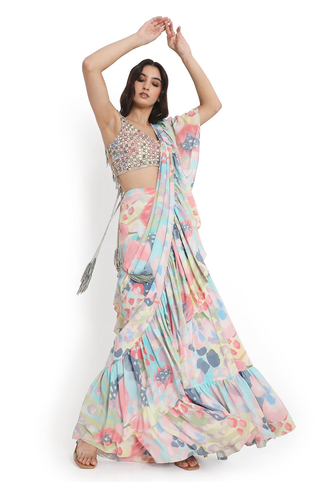 Rose Pink Embroidered Back Tie-Up Choli With Sharara