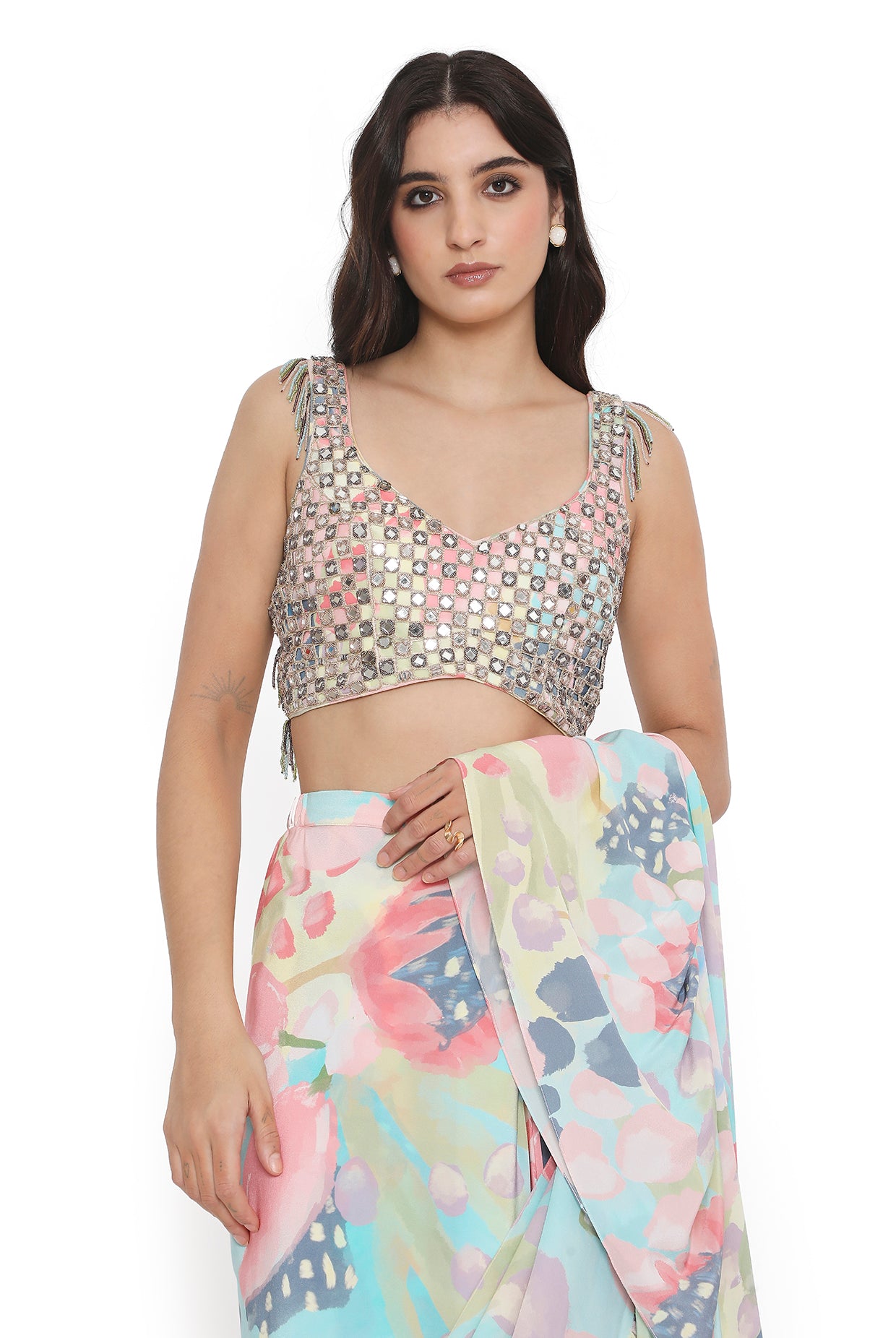 Rose Pink Embroidered Back Tie-Up Choli With Sharara