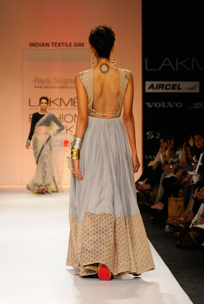 Mumtaz Dusk Grey Tulle Choli with Silkmul Lehenga
