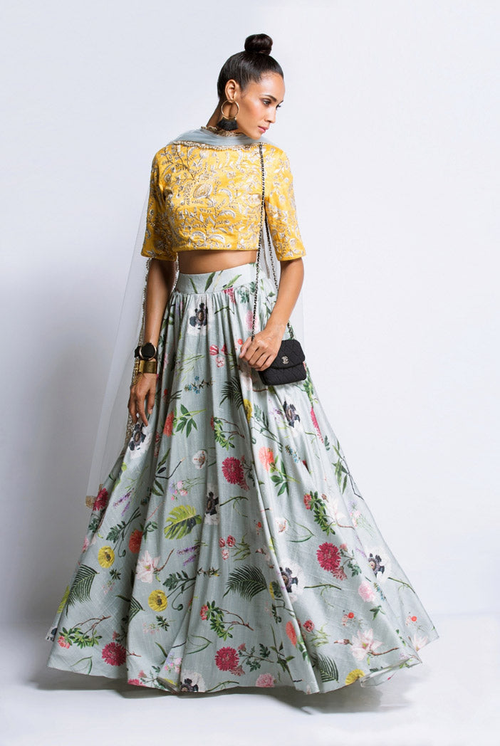 Mustard Dupion Silk Choli with Aqua Printed Dupion Silk Lehenga and Net Dupatta