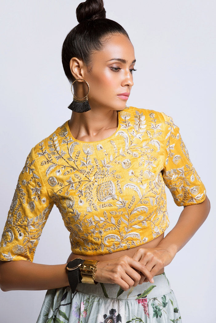 Mustard Dupion Silk Choli with Aqua Printed Dupion Silk Lehenga and Net Dupatta