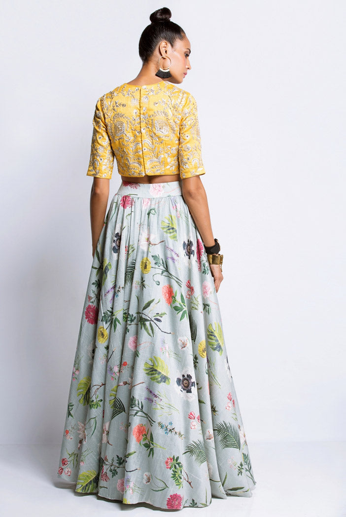 Mustard Dupion Silk Choli with Aqua Printed Dupion Silk Lehenga and Net Dupatta