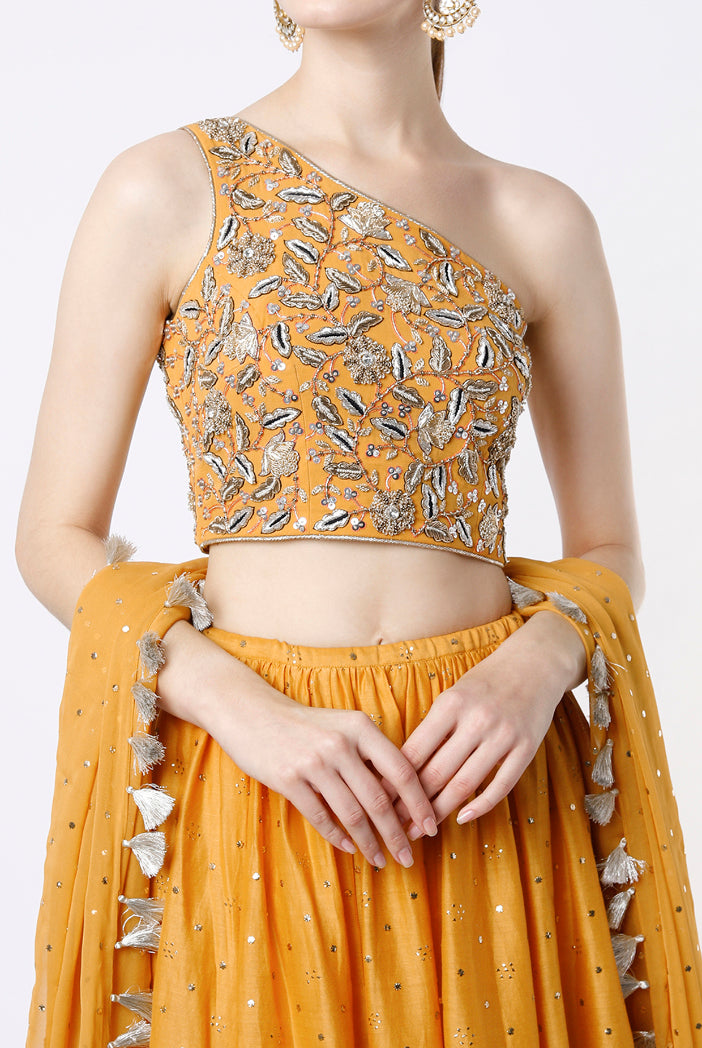 Mustard Embroidered One Shoulder Choli With Mukaish Silkmul Lehenga And Mukaish Georgette Dupatta