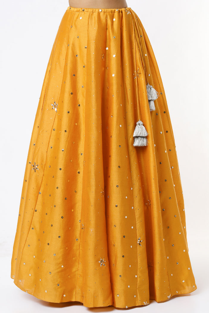 Mustard Georgette Embroidered Choli With Mukaish Silkmul Lehenga And Mukaish Net Dupatta