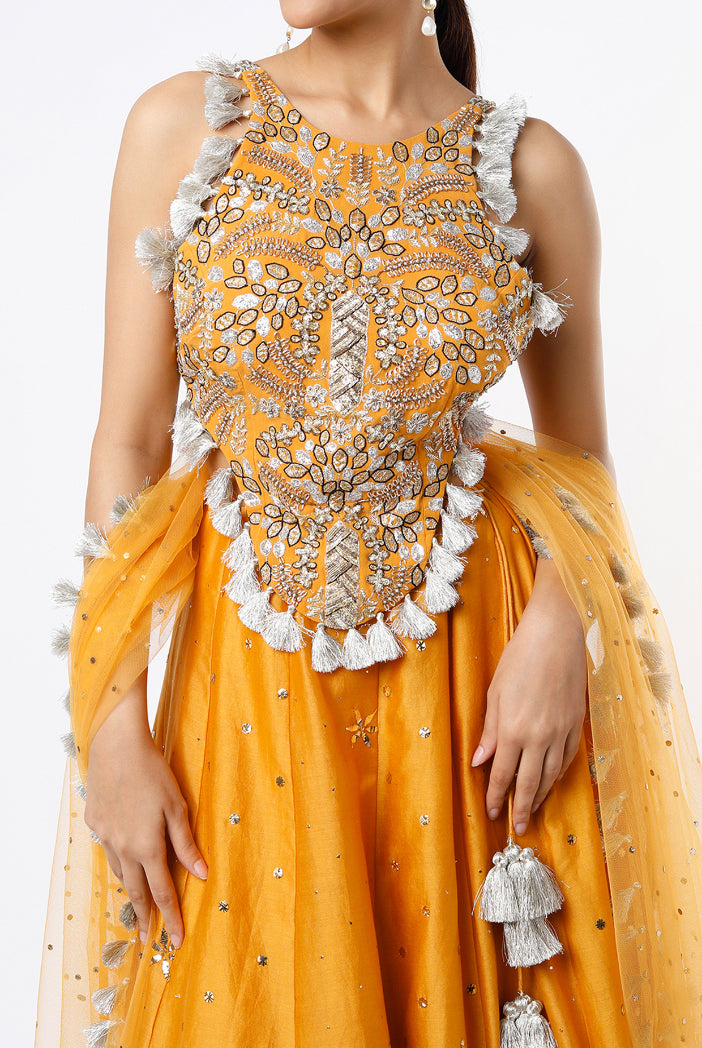 Mustard Georgette Embroidered Choli With Mukaish Silkmul Lehenga And Mukaish Net Dupatta